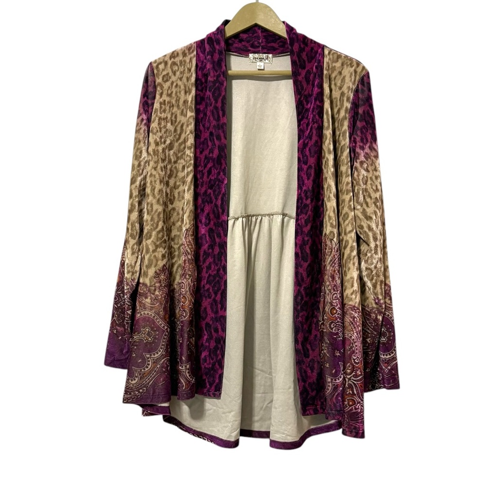 One World Women’s Large Beige Purple Velvet Plum Ysquared Open Front Cardigan